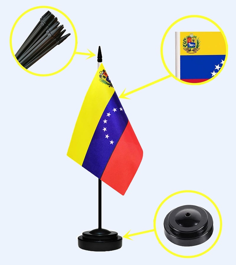 tibijoy Venezuela Venezuelans Deluxe Desk Flag Set, Small Mini Miniature Venezuela Venezuelans Table Desktop Flags With Solid Pole, Black Base and Spear Top(2 Pack) - Image 2